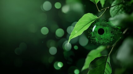 Fototapete - Close-up view of an all-seeing eye blending natural leaf textures with sharp metallic circuits, set in a dark, abstract environment, allowing for effective copy space