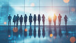© Teeraphon - Group of business people silhouettes in modern office building and business network concept. Human resources with pastel innovation charts and graphs with statistics to analyze business