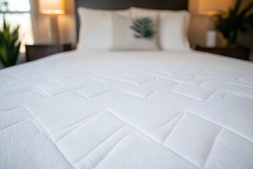 Aufkleber - Fresh white mattress protector neatly arranged on a comfortable bed, highlighting soft fabric textures with gentle natural light enhancing the bedding details