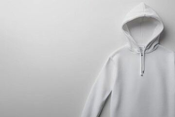Leinwandbilder - Close-up view of a light-colored full-zip hoodie displayed flat, emphasizing the smooth fabric texture, zipper, and hood details on a clean white background