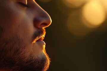Poster - A man with closed eyes and a faint smile experiences a moment of peace and mindfulness, illuminated by warm golden sunlight against a blurred natural setting