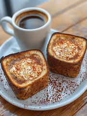 Wall Mural - A mug of coffee is served with two pieces of toast topped with cream and cocoa powder.