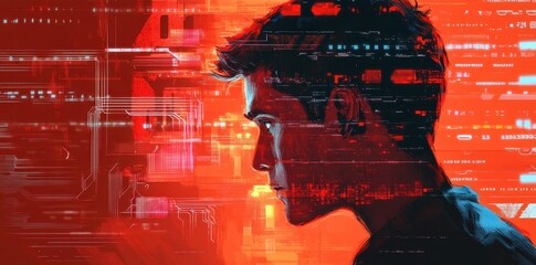 Poster - Profile of a man with digital overlays in red tones