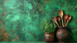 © watz - Rustic kitchen still life: wooden spoons and herb in pots against textured green background.