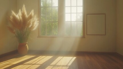 Wall Mural - Bright Sunlight Streaming Through Window in a Minimalist Room with Pampas Grass Decoration