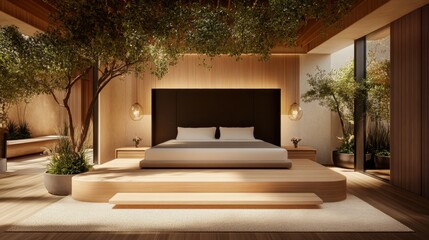 Wall Mural - Contemporary Bedroom Interior with Minimalist Design Featuring Natural Elements and Warm Lighting