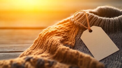 Aufkleber - A neatly folded sweater lies on a soft surface bathed in warm light, evoking a cozy and inviting feeling, with a blank tag ready for customization