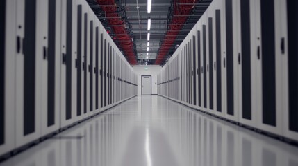 Poster - A close-up view highlights a neatly organized networking cable running along the ceiling in a server room, illustrating efficient technology management and design