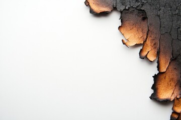 Poster - A close-up of paper shows charred and burnt edges, emphasizing the impact of fire damage. The stark white background provides contrast and copy space