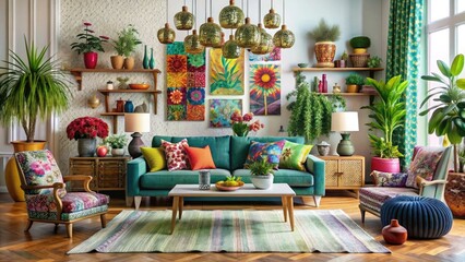 Poster - Maximalist Eclectic Decor Featuring Vibrant Colors and Plants. Generative AI