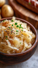 Wall Mural - Deliciously tangy sauerkraut with caraway seeds served with hearty German sausages and potatoes