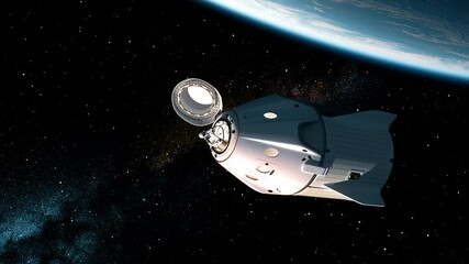Wall Mural - an astronaut walks into outer space from a private spacecraft capsule orbiting the earth. 3d animati