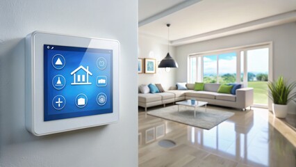 Poster - Smart Home Control Panel in Bright Living Room Setting. Generative AI