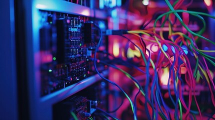 Poster - Multicolored network cables intertwine within a data center, reflecting vibrant blue and red lights. The scene highlights modern technology and the complexity of digital connectivity