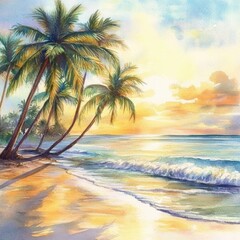 Wall Mural - Relaxing sunset at a tropical beach with palm trees and gentle waves washing ashore. Generative AI