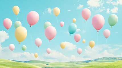 Wall Mural - Pastel colored balloons float over a bright green landscape