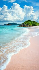 Aufkleber - A captivating pink sand beach invites visitors to relax beside the turquoise water, where gentle waves kiss the shore under a bright sun and soft, fluffy clouds create a dreamy atmosphere
