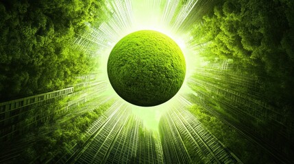 Wall Mural - Radiant Green Sphere Illuminated by Sunlight Surrounded by Lush Trees in a Vibrant Forest Environment