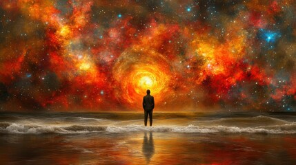 Wall Mural - Silhouette of a Businessman Standing on Shore Gazing at a Colorful Cosmic Universe in Twilight