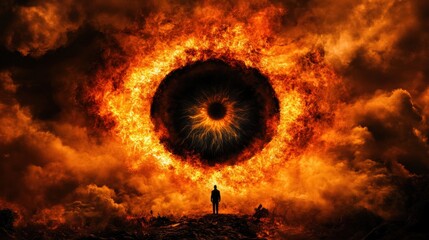 Wall Mural - Surreal Silhouette of a Man Facing a Large Burning Eye Against a Dark and Stormy Sky