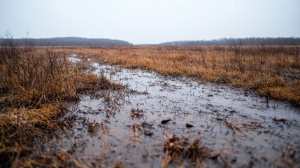 Wall Mural - Muddy path through autumn field, overcast sky, nature background, landscape photography