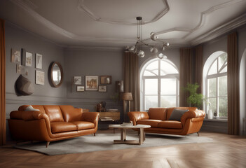 Wall Mural - views room floors 3d the sofas style render walls rooms leather offering windows orange white brown decorated living natural vintage wooden gray modern luxury classic interior window view nature