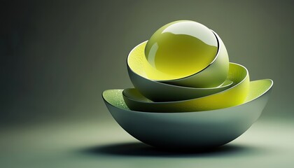 Poster - Unique Contemporary Sculptures Featuring A Sleek Metallic Core Ball Concealed In A Vibrant Yellow-Green Hemisphere Shell, Alongside A Stack Of Minimalist And Elegant Bowls.