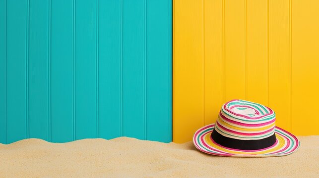 Hello summer holiday concept with a colorful hat resting on golden sand, set against an abstract tropical style background with vibrant colors and beach vibes