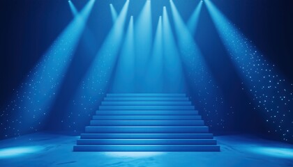 Poster - Luxurious Scene Of Empty Stairs Podium With Sky Blue Background And Neon Effects, Enhanced By Light Beam Decorations On Back.