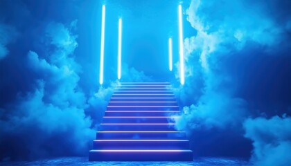 Poster - Luxurious Sky Blue Podium With Neon Effects And Light Beam Decorations On Back, Creating A Stunning Empty Stairs Scene.