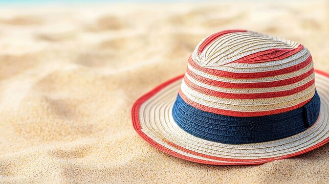 Hello summer holiday concept with a colorful hat resting on golden sand, set against an abstract tropical style background with vibrant colors and beach vibes