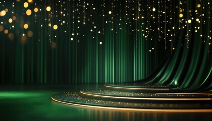 Poster - Luxurious Green Stage Decorated With Gold Curves And Bokeh Lights, Perfect For Product Promotion Or Award Ceremonies. Empty Stage Setting.