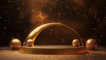 Poster - Elegant Product Display Podium Featuring A Golden Curve Element, Ball Decoration, And Sparkling Light Effects For A Glamorous Presentation.