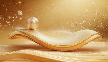 Poster - Golden Curve Element And Ball Decoration Podium With Glitter Light Effect For Showcasing Products In A Stylish And Eye-Catching Manner.