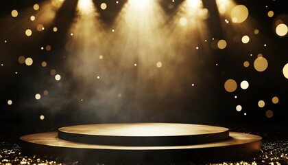 Poster - Black Stage With Gold Light, Beam Effects, And Bokeh Decorations: An Empty Podium For Award Ceremonies Or Cosmetics Product Launches
