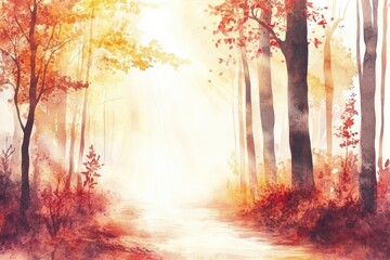 Poster - Autumn woodlands with soft sunlight filtering through the trees in a serene atmosphere. Generative AI