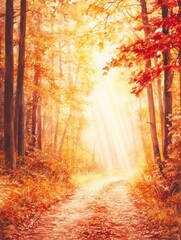 Poster - Sunlight filters through golden autumn trees along a serene forest path illuminated by warm hues. Generative AI