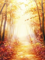 Aufkleber - Bright autumn pathway with golden light through trees in a serene forest setting. Generative AI