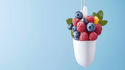 Wall Mural - A vibrant assortment of fresh berries and mint leaves suspended in a modern white container against a soft blue background, ideal for healthy eating concepts