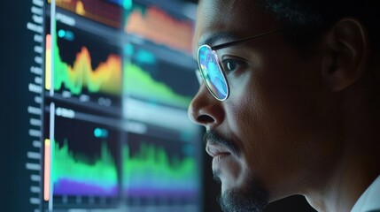 Wall Mural - Focused financial analyst wearing glasses, working late in a dimly lit office, analyzing real time global market data on multiple screens filled with colorful charts and graphs