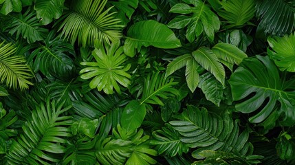 Wall Mural - Lush tropical foliage background, green leaves texture