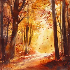 Poster - Golden autumn forest path with colorful leaves and soft light in a serene atmosphere. Generative AI