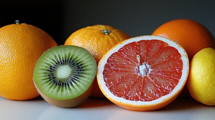 Wall Mural - Fresh and Colorful Assortment of Citrus Fruits and Kiwi on a Grey Background