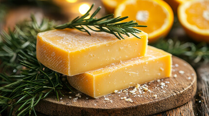 Wall Mural - Two blocks of yellow cheese stacked on a wooden board, garnished with rosemary and orange slices.