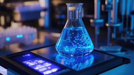 Aufkleber - laboratory flask filled with a glowing blue liquid, resting on an electronic scale in a high tech la