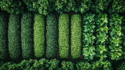 Wall Mural - Aerial view of diverse green crops in rows