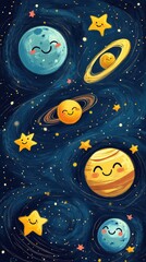 Poster - Cartoon planets and stars float against dark blue space