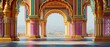 © Rickyloca - Indian Holi Symmetrical Archway with Colorful Powder Bursts, Traditional Indian Motifs, Gold Accents, and Vibrant Holi Splashes. Copy space. Generative AI