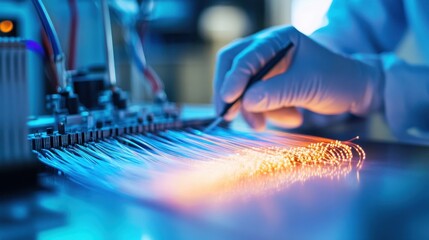 Aufkleber - gloved hands meticulously handle glowing fiber optic cables, showcasing advanced technology and prec