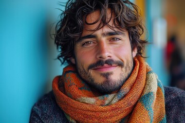 Wall Mural - Young man with curly hair and colorful scarf smiling against a blue wall in a cozy indoor setting